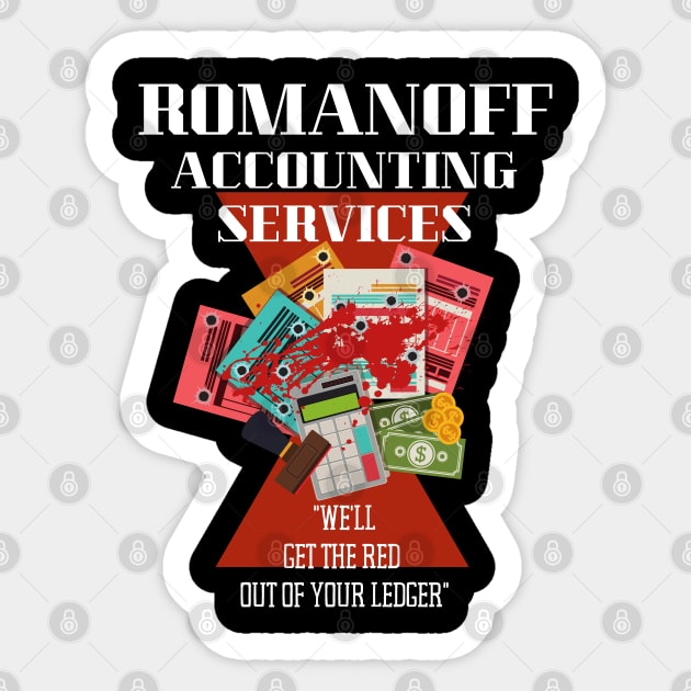 Romanoff Accounting (light text) Sticker by Damn_Nation_Inc